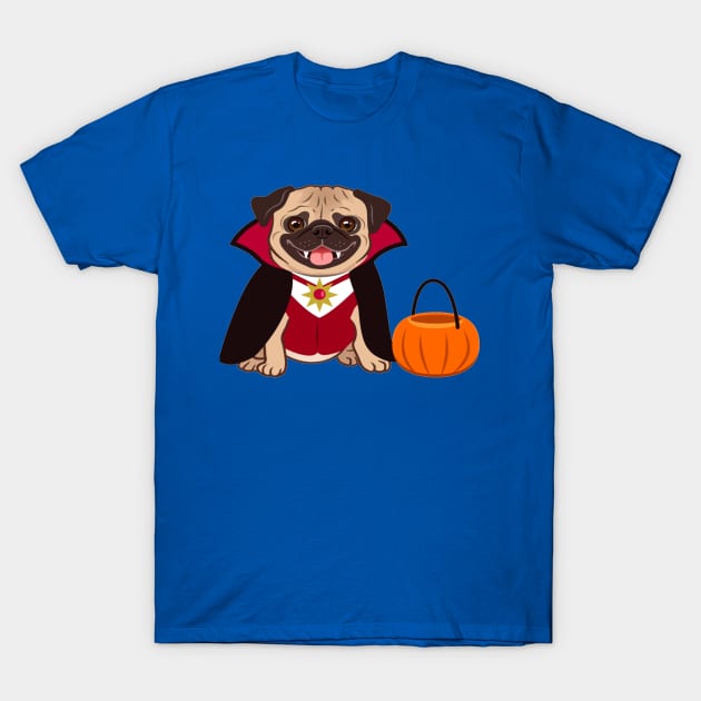 Halloween pug dog in vampire costume cartoon illustration. Cute friendly fat chubby fawn sitting pug puppy, smiling with tongue out. Pets, dog lovers T-Shirt by amramna